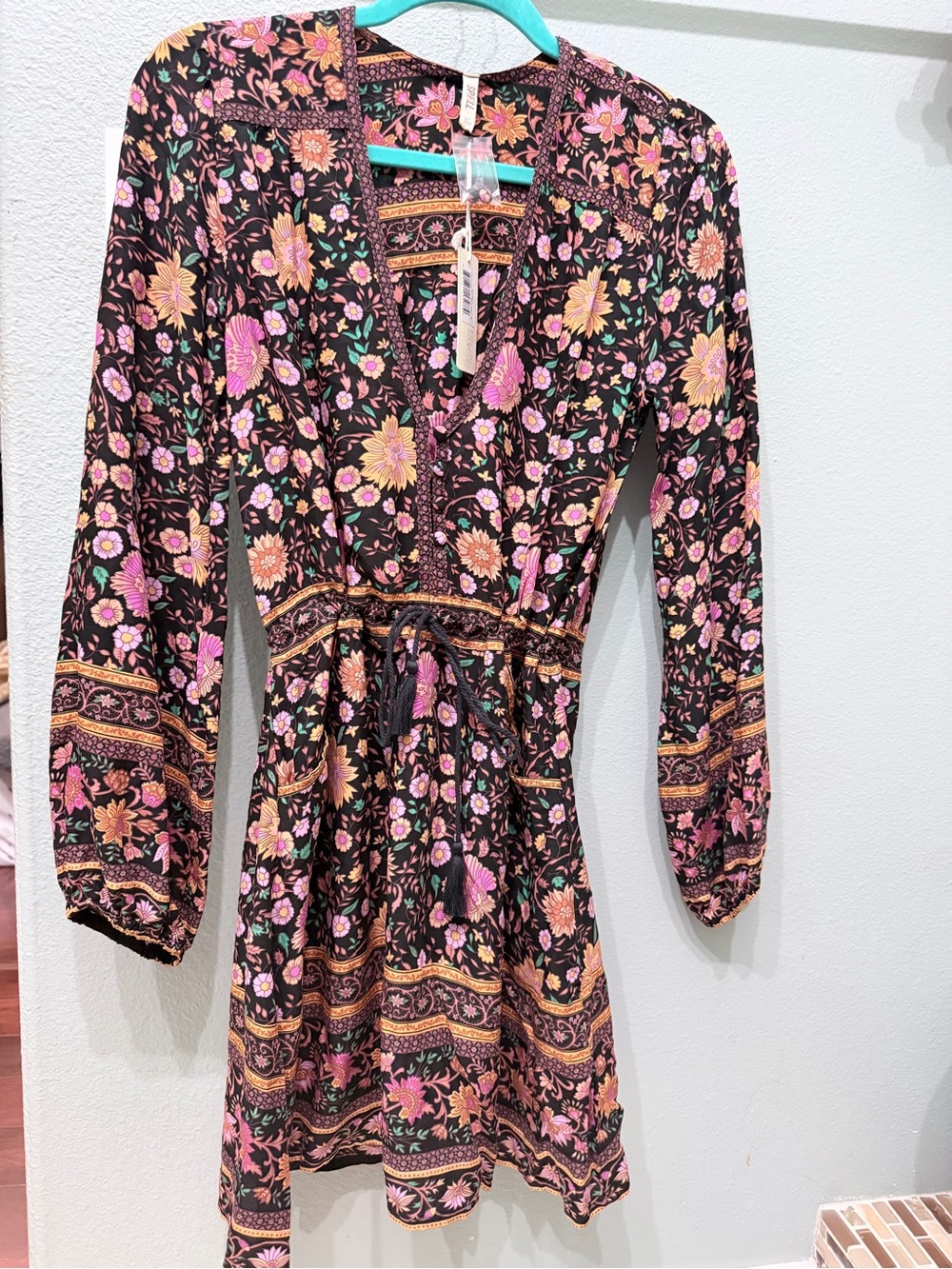 Spell Black Floral Long-Sleeve Tie-Waist Dress with Pink and Peach Accents - Picture 3 of 3
